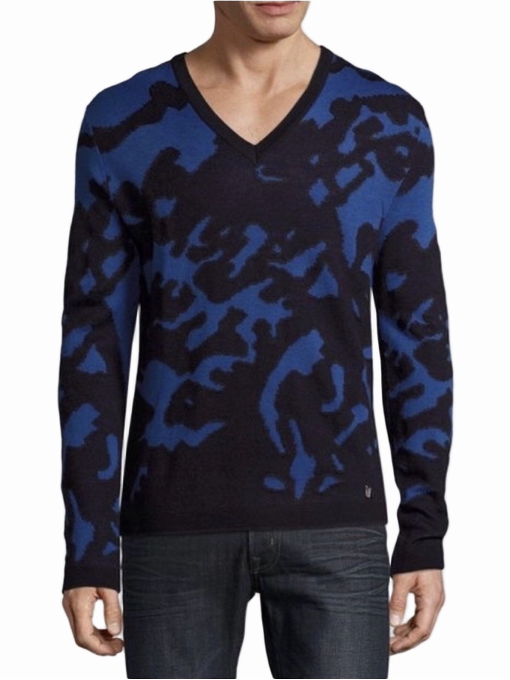VERSACE Collection Blue Camo Wool Blend V Neck Sweater